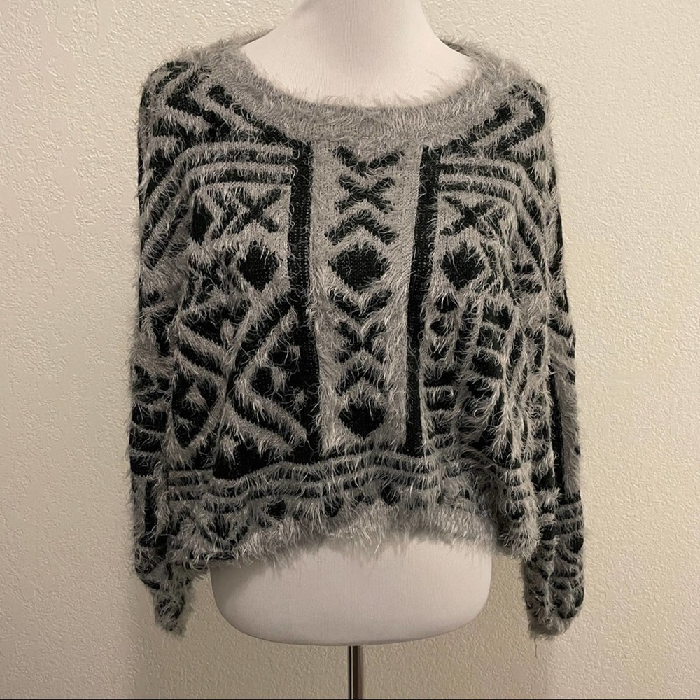 LF Paper Hearts Eyelash Fuzzy Geometric Dolman Sleeve Sweater